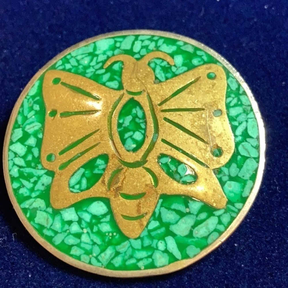 Vintage signed Mexico MFTALES inlaid turquoise w/copper butterfly brooch